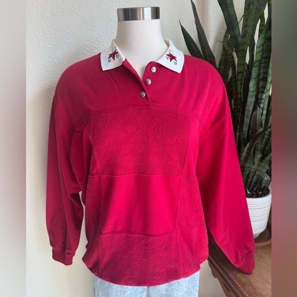 Vintage Red Fall Sweatshirt – 90s Collared Pullover Embroidered Leaves XL - Picture 1 of 8